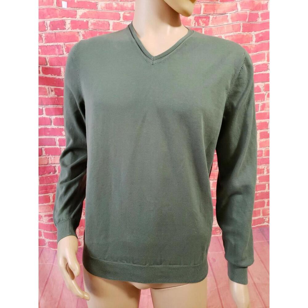 Massimo Dutti Extra fine cotton Men V-Neck Knit Pullover Sweater LS SIZE L green